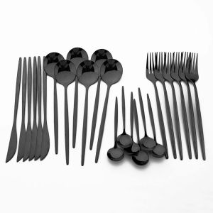 4/6/12/16/24Pcs Tableware Dinnerware Set Black Cutlery Set Stainless Steel Fork Knife Teaspoon Dinner Kitchen Flatware Set