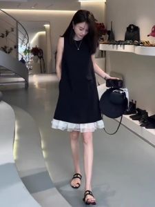 YUFUQING | Black Hepburn Style Sleeveless Round Neck Dress Womens Summer New Loose Vest Skirt High Waist Commute Style Polyester Fiber