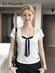La Chapelle | Polka Dot Embroidery Two-Piece Style Bow Design Slim Fit T-Shirt Summer