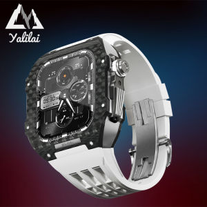 YALILAI Carbon Fiber Case with Fluororubber Strap for Apple Watch 44mm/45mm Luxury Carbon Fiber Case with Titanium Alloy Middle Frame Richard RM Mod Kit for Apple iWatch SE3/2 Series 9/8/7/6/5/4