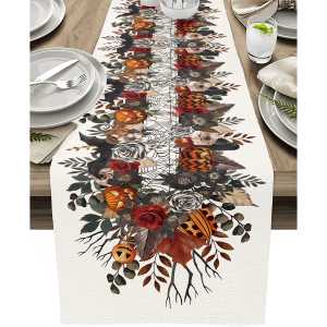 1 Piece of Forest-Themed Halloween Table Runner Featuring Elements Such as Pumpkins Roses Autumn Leaves Etc. Suitable for Parties Restaurants Homes Markets and Holiday Decorations.