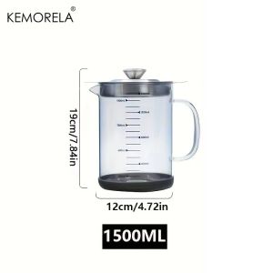 KEMORELA 1000/1500ML Glass Oil Filter Pot with Lid - Easy-Grip Handle Kitchen Grease and Fat Separator For Cooking Oil Storage