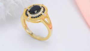 Lohaspie Jewelry Nhẫn Bạc 1.6 Mạ Vàng 925 Carat Chính Hãng Nhẫn Spinel Màu Đen Tự Nhiên Nhẫn Cưới Đá Quý Cắt Hình Bầu Dục Cho Nữ Trang Sức