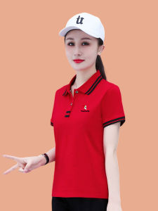 Pure Cotton Short Sleeve Polo Shirt Womens Summer Base Layer Red Top TUCANO Brand Commute Style Loose Fit Solid Color Print