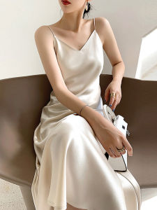 Slimming Effect Korean Style Satin A-Line Dress Womens plus Size Midi Dress V-Neck Zipper Closure Sleeveless Summer Dress
