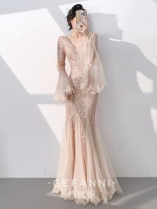 Rose Gold Evening Dress Long Sleeve Mermaid