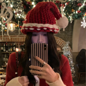 【WJ】Red thickened warmth woolen hat Childrens winter thickened knitted hat Lovely christmas hat