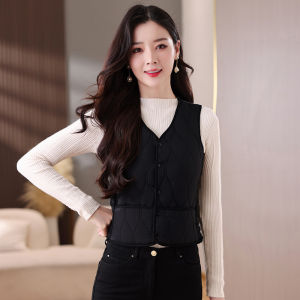 เสื้อกั๊กผ้าฝ้ายขนเป็ด แขนยาว คอวี ทรงเข้ารูป อบอุ่น สำหรับผู้หญิง ฤดูใบไม้ร่วง/ฤดูหนาว เสื้อกั๊กแบบมีซิป แขนสั้น สำหรับใส่ในบ้าน