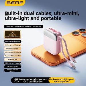 Berf | Airplane Safe 3C Certified Fast Charging Power Bank 10000mAh Built-in Cable