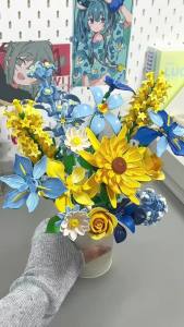 Creative 650PCS Sunflower Bouquet Building Blocks Blue Rose Immortal Flower Home Desk Plant Decoration Assemble Bricks Toys Gift