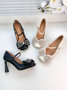 เจ้าหญิงอิซาเบลล่าสไตล์เทพนิยาย สีขาว หนัง แมรี่เจน ผู้หญิง รองเท้าแบบสวมปมรายละเอียดส้นบางส้นสูง ทันสมัย