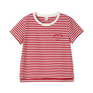 URLAZH | Spring New Retro Style Red and White Striped Fun Embroidery Round Neck Short Sleeve Tshirt