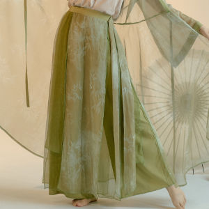 Original Bamboo Green Print Classical Dance Open Cardigan Silk Pants Modified Hanfu Womens Traditional Costume Set