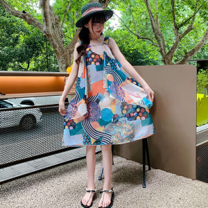 Girls Summer Geometric Pattern Loose Sleeveless Chiffon Dress Bohemian Style Sweet Princess Skirt for Kids Ages 30-34
