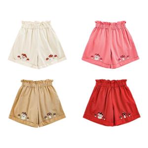 Cool Floral Embroidered Short Pants for Girls Summer Casual Comfortable Soft Loose Cotton Blend Fabric Mushroom Rabbit Pattern
