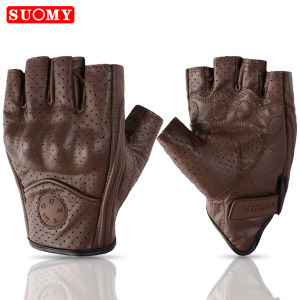 Summer Motorcycle Leather Gloves Protection Retro Fingerless Motocross Gloves Biker Motorcyclist Cycling Half Gloves Brown Black