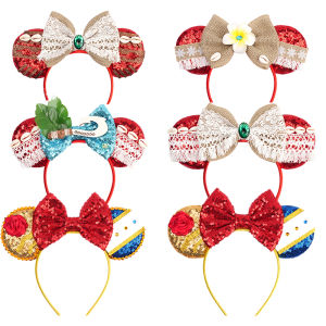 Disney Moana Headbands for Girls Kids Grass Green Mickey Mouse Ear Hairbands Women Red 5"Sequins Bow Maui Hair Accessories Gifts