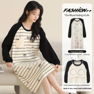 MiiOW | Cat Woman Cotton Sleep Dress Womens Spring Autumn Casual Wearable Home Clothes Nightgown With Chest Pad Round Neck Long Sleeve