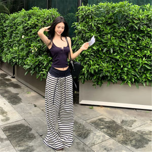 QIAONIAOGE | High Waist Striped Knitted Casual Womens Pants Vintage Loose Fit Floor Length Lazy Style Casual Wide Leg Trousers