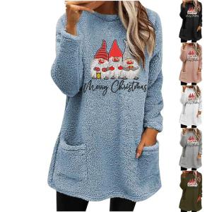 Christmas Snowman Print round Neck Hoodie Plushie Style Long Sleeve Mid-Length Loose Fit Womens Sweatshirt Velvet Fabric