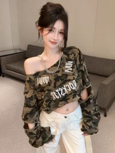 GUZILIAN | Fall New Style American Retro Hot Girl Fashion Street Heavy Embroidery Diagonal Shoulder Zipper Camouflage Short Sweatshirt