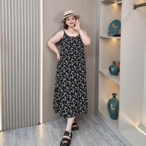 Floral Print Summer Thin Strap Dress Womens plus Size Fashion Casual Slimming Stylish Mid-Length Skirt Korean Style round Neck High Waist