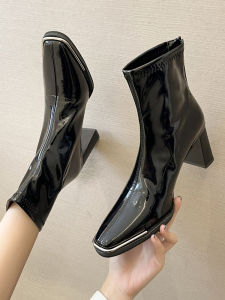 Womens Martin Boots 2025 New Spring Autumn Square Head Versatile High Heel Slim Boot Chunky Heel Short Boots Fashionable Rubber Sole
