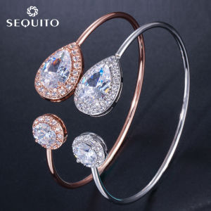 SEQUITO Fashionable White Rose Gold Plated Adjustable Open Cuff Bangle Paved Round Waterdrop Cubic Zirconia Women Wedding Bracelet Jewelry B105