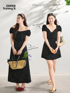 ZHANGDAREN | Đầm Hè Dáng Suông Phong Cách Pháp Màu Đen Có Hoa Tay Ngắn Bồng Dành Cho Người Mập