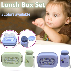 Cartoon Lunch Box Set for Children: 2in1 Lunch Box with Compartment Portable Student Bento Box