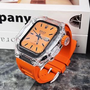 Luxury Transparent Case Fluororubber Strap For Apple Watch Series 9 8 7 45mm For iWatch Band SE2 6 5 4 44mm Rubber Band Modification Kit For iWatch Ultra 2 49mm