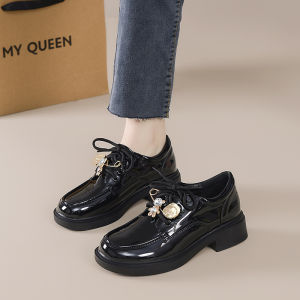 Glossy Black Patent Leather Womens Loafers Spring 2025 Seasonal New Style Thick Bottom Real Leather Single Shoes Buckle Design