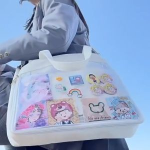 กระเป๋าสะพายข้าง มีกระเป๋าใสด้านหน้า กระเป๋าช้อปปิ้ง ทรงโท้ท มีสายสะพายข้าง แฟชั่นผู้หญิง