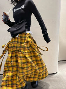 American Retro Yellow Plaid Workwear Long Skirt Womens Early Autumn Dopaamine A-Line High Waist Wide Hem Umbrella Skirt
