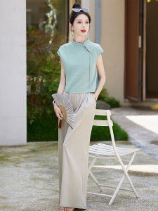 Retro Chinese Button Cotton Linen Set Womens Summer New Fashion Beautiful Wide Leg Pants Two Piece Set Elegant Stylish