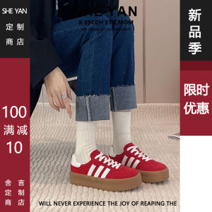 รองเท้าเด็กซ์สไตล์เยอรมันหนังแกะสีแดงพื้นหนาสำหรับผู้หญิง ฤดูใบไม้ผลิและฤดูใบไม้ร่วง รองเท้าลำลองแบบย้อนยุคที่สวมใส่ได้หลากหลาย