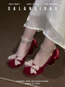 Bridal Shoes with Big Bow And Pearl Comfortable High Heels for Wedding Banquet round Head Velvet Upper Part Rubber Outsole