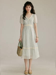Summer New Style French Gentle Sweet Floral Print Dress Vintage Elegant Long Skirt Polyester Cotton Spandex A-Line Dress