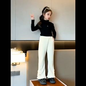 Quần nhung tăm bé gái lót nỉ ống loe 3-8 tuổi đính nơ lông viền gấu kiểu dáng thời trang dễ thương