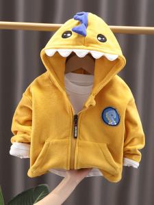 Boys Casual Fleece Lined Hooded Jacket Thin Velvet Baby Dinosaur Autumn Clothes Childrens Outerwear Cotton Zipper round Neck