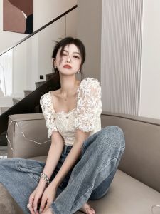 White Lace Square Collar Bubble Sleeve Short Sleeve Shirt Womens French High Design Pure Desire Niche One Shoulder Top
