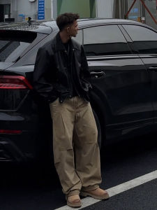 Khaki Folded Workwear Pants Mens High Waist Wide Leg Straight Casual Knife Edge Autumn Vintage American Trousers