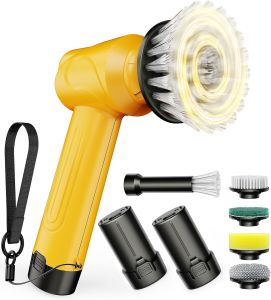 qimedo 5000mAh Battery Electric Spin Scrubber Q4 Handheld Scrubber for Cleaning with Display Power Dish Scrubber with 5 Heads Shower Cordless Cleaning Brush for Bathroom/Sink/Window