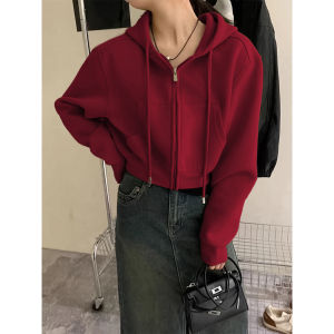 Áo Khoác Cardigan Nữ Màu Đỏ Rượu Vang Có Khóa Kéo Bên Trong Có Mũ Trùm Đầu Ngắn Mùa Thu Đông Cotton Pha Trộn Thường Ngày