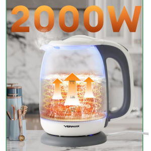 Vermax Electric Water Kettle 2000W High Power Fast Boiling Electric Glass Kettle White 1.7L Electric Kettle Auto-Off Glass water heater