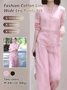 Wide Leg Pants Set Women Fashion Summer New Chinese Two Piece Top Slim Wide Leg Pants Set
