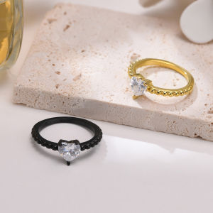 Kemstone trái tim thép không gỉ shap Zircon đúc Vòng mạ vàng màu đen nữ nhẫn trang sức nhẫn nữ