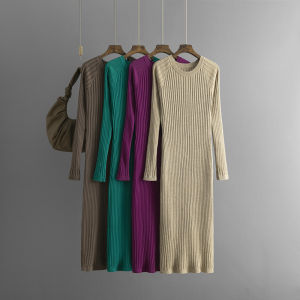 ชุดเดรสถักยาวคลุมเข่าสำหรับผู้หญิง ฤดูใบไม้ร่วง/ฤดูหนาว คอตั้ง ชุดชั้นใน ชุดเดรสถักแบบสวมหัว กระโปรงทรงตรง ผ้าฝ้ายโพลีเอสเตอร์