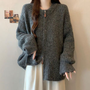 Fashionable Elegance French Design Lazy Style Round Neck Thick Knit Cardigan