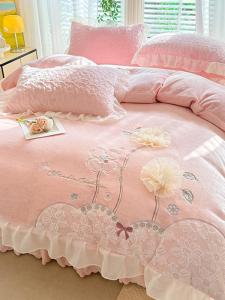 Winter Thickened Milk Velvet Bed Cover Four-Piece Set Double-Sided Fleece Quilt Cover Coral Velvet Warm Lace Princess Ruffle Bedding
